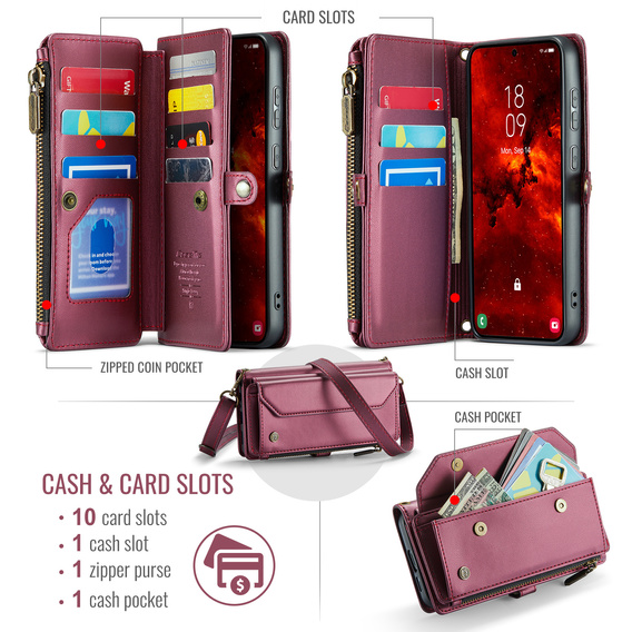 Pouzdro CASEME pro Samsung Galaxy S25 FE, RFID Leather Wallet, s popruhem přes rameno, červené