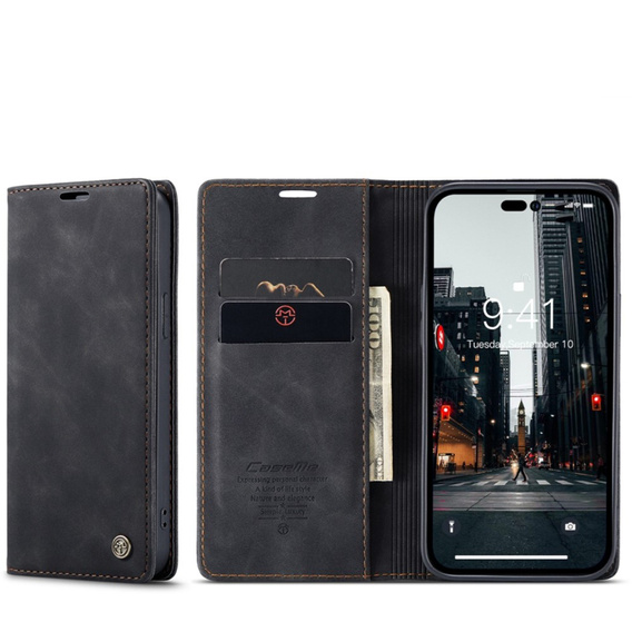Pouzdro CASEME pro iPhone 14 Pro, Leather Wallet Case, černé