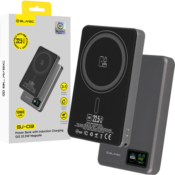 Blavec Power Bank 10000mAh BJ-03 Slim 13,5mm - Type C - 22,5W, MagSafe 3v1 - šedá