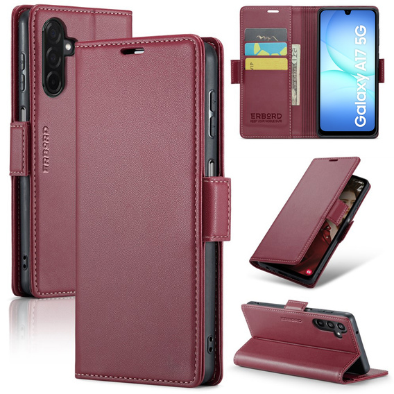 Pouzdro pro Samsung Galaxy A17 5G, ERBORD Glossy Litchi, flipová peněženka, červené