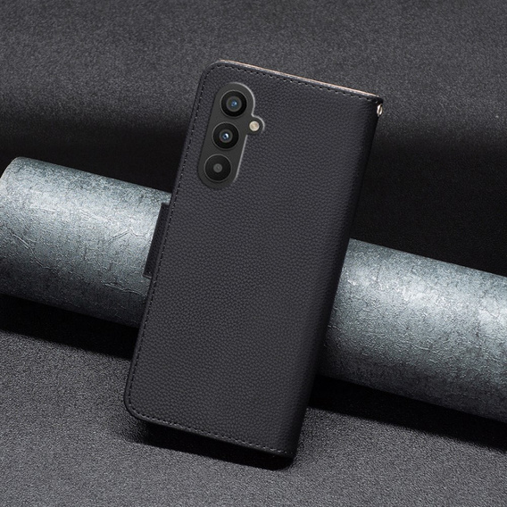 Klopové pouzdro pro Samsung Galaxy A25 5G, Wallet Litchi Leather, černé + 9H sklo 
