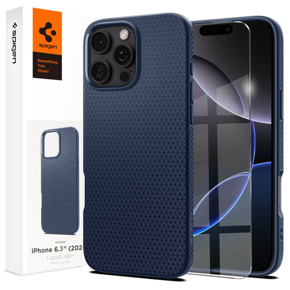 Pouzdro Spigen pro iPhone 16 Pro, Liquid Air, námořnicky modré + 9H tvrzené sklo