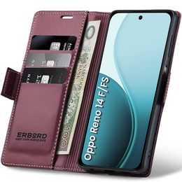 Pouzdro pro Oppo Reno 14 F / 14 FS, ERBORD Glossy Litchi, flipová peněženka, červené