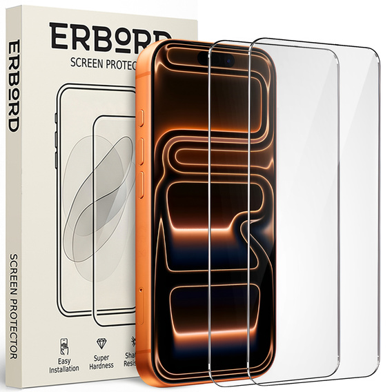 2x tvrzené sklo ERBORD 9H Hard Glass na displeji pro iPhone 17 Pro/17/16 Pro
