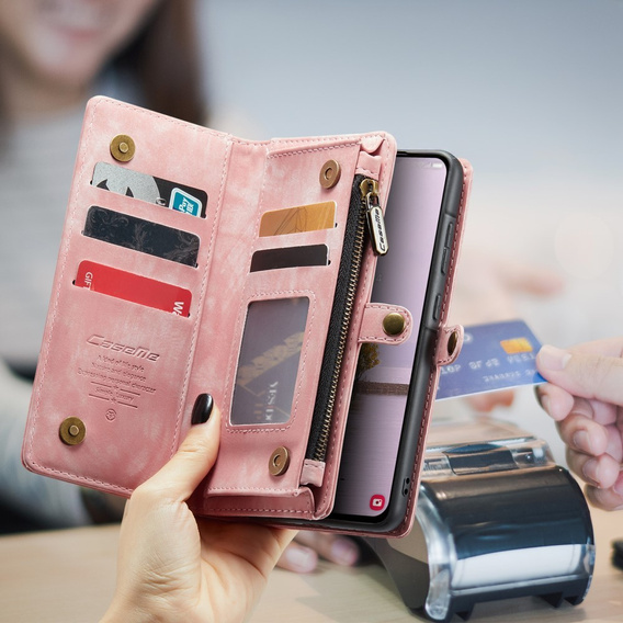CASEME pouzdro pro Samsung Galaxy A56 5G, Retro Leather Wallet, s páskem, růžové