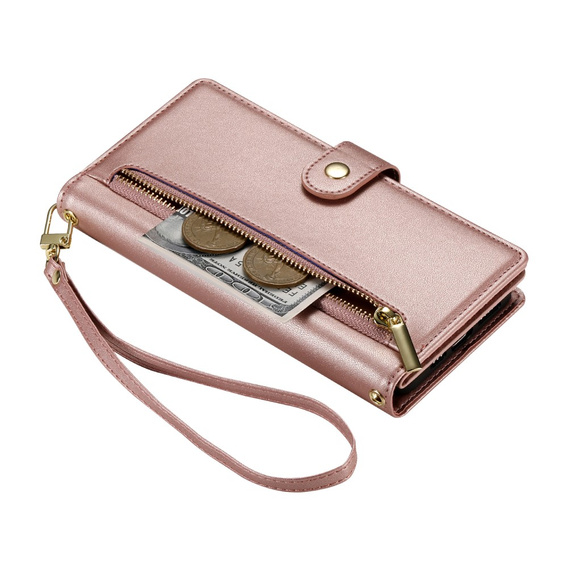 Klopové pouzdro pro iPhone 16 Plus, Wallet Zipper Pocket, růžové