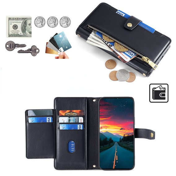 Klopové pouzdro pro Realme 14 Pro+ 5G, Wallet Zipper Pocket, černé