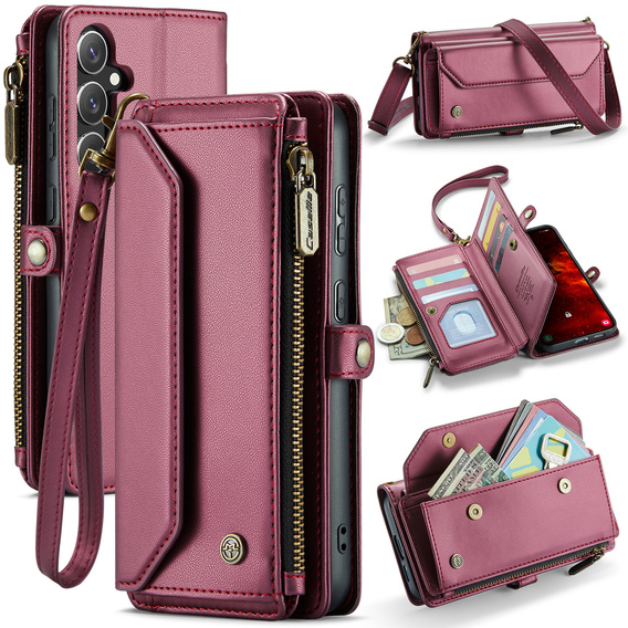 Pouzdro CASEME pro Samsung Galaxy S25 FE, RFID Leather Wallet, s popruhem přes rameno, červené