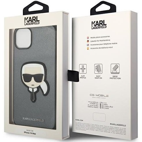 Pouzdro Karl Lagerfeld pro iPhone 14, Saffiano Karl's Head Patch, stříbrné