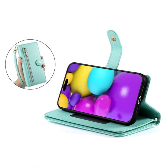 Klopové pouzdro pro iPhone 16, Wallet Zipper Pocket, zelené