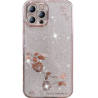 Pouzdro pro iPhone 13 Pro Max, Glitter Flower, růžové rose gold