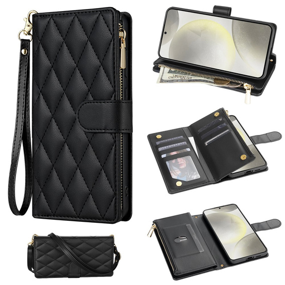 Pouzdro s klopou pro Samsung Galaxy S25 Edge, Rhombus Crossbody Leather, černé