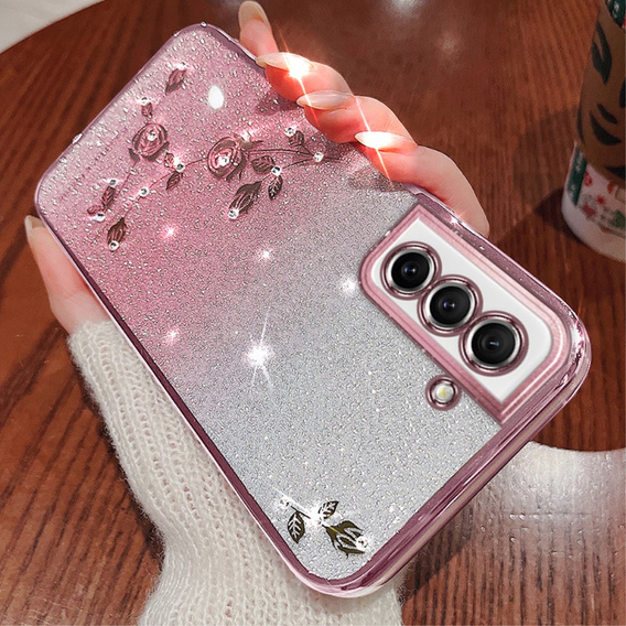 Pouzdro pro Samsung Galaxy S21 FE, Glitter Flower, růžové rose gold