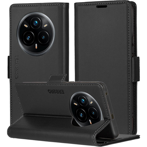 Pouzdro pro Realme 14 Pro 5G, ERBORD Glossy Litchi, flipová peněženka, černé