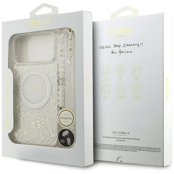 Pouzdro Guess IML Flowers Electroplated Allover With Beads Strap, pro MagSafe, s řemínkem pro iPhone 17 Pro Max