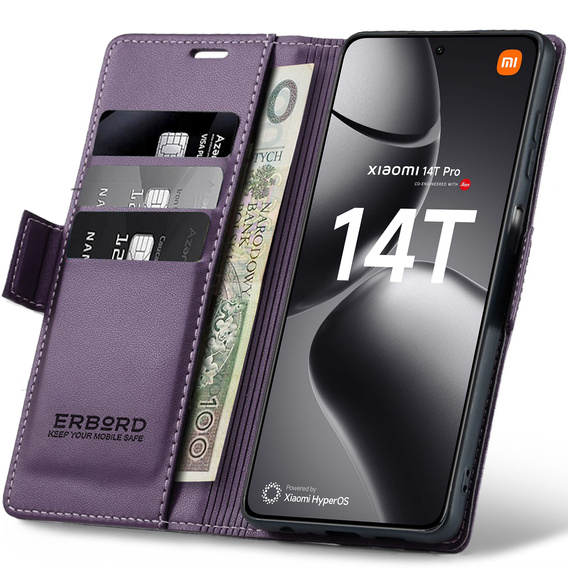 Pouzdro pro Xiaomi 14T Pro, ERBORD Glossy Litchi, flipová peněženka, fialové