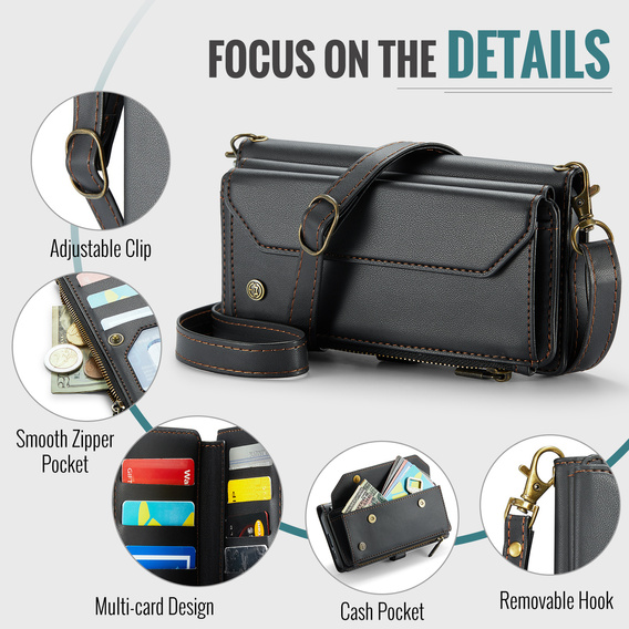 Pouzdro CASEME pro Samsung Galaxy S25 FE, RFID Leather Wallet, s popruhem přes rameno, černé