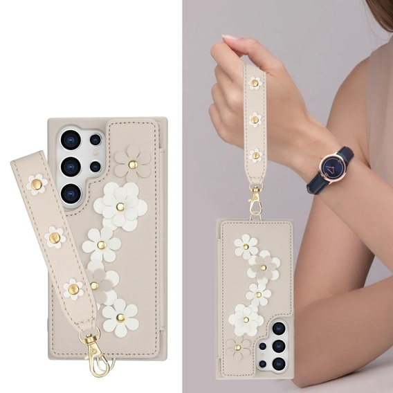 Pouzdro pro Samsung Galaxy S24 Ultra, Leather Flower Card Slot, béžové