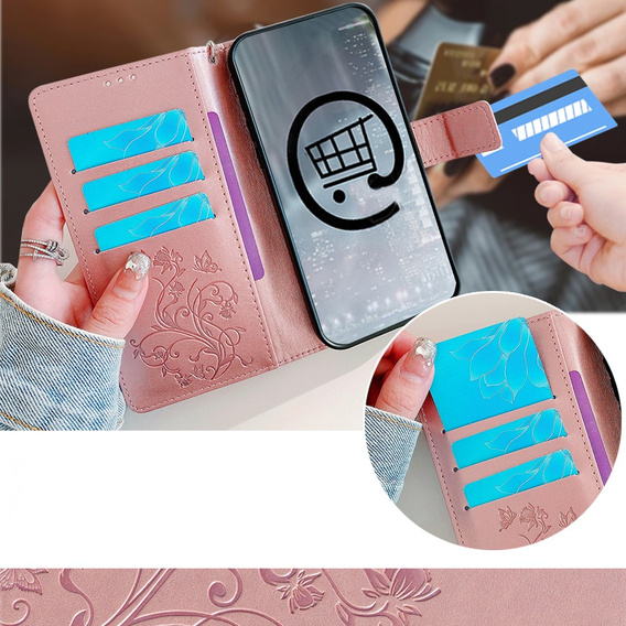 Klopové pouzdro pro Motorola Moto E14, Butterfly, růžové rose gold