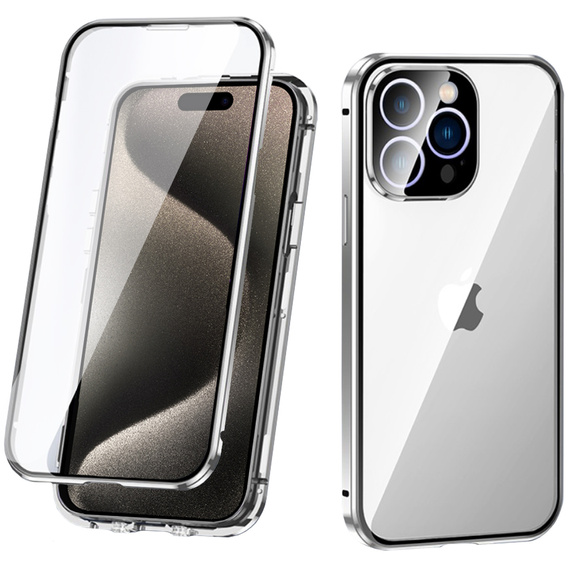 Pouzdro pro iPhone 15 Pro, Magnetic Dual Glass, stříbrné
