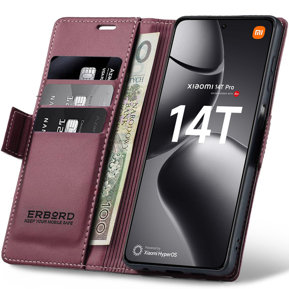 Pouzdro pro Xiaomi 14T Pro, ERBORD Glossy Litchi, flipová peněženka, červené