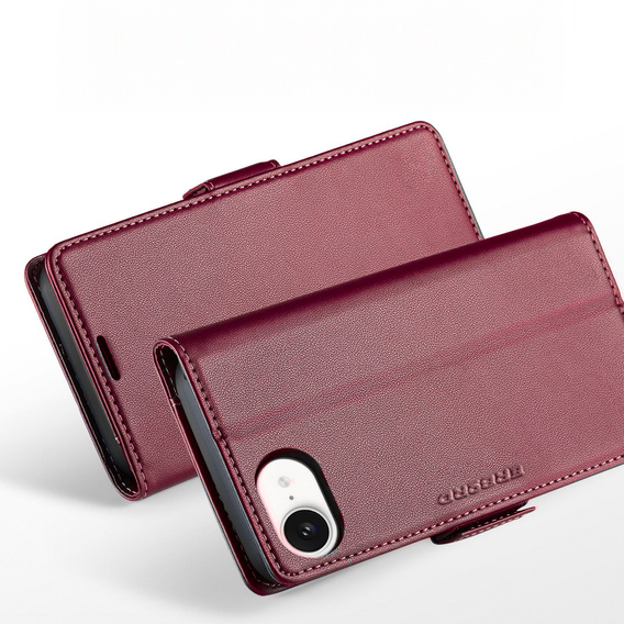Pouzdro pro Iphone 16E, ERBORD Glossy Litchi, flipová peněženka, červené