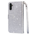 Klopové pouzdro pro Samsung Galaxy A55, Wallet Zipper Pocket Glittery, stříbrné