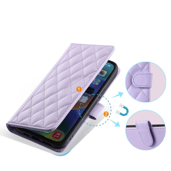 Pouzdro s klopou pro iPhone 16 Plus, Rhombus Crossbody Leather, fialové