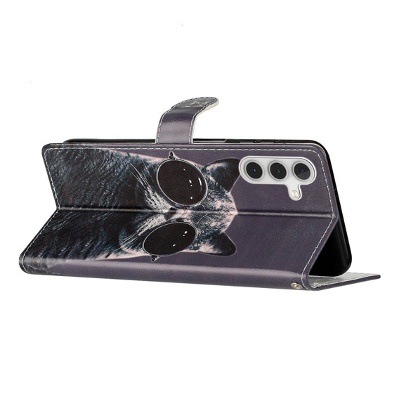 Klopové pouzdro pro Samsung Galaxy A25 5G, Wallet, Cat, černé+ 9H sklo
