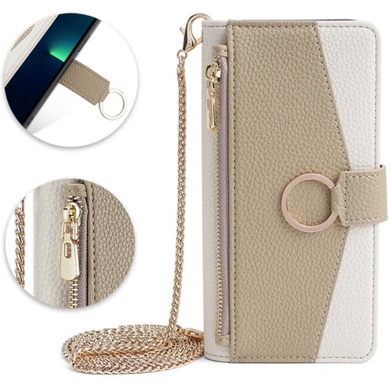 Flipové pouzdro Wallet Zipper Pocket pro iPhone 14, Wallet Zipper Pocket, se zrcátkem, bílé