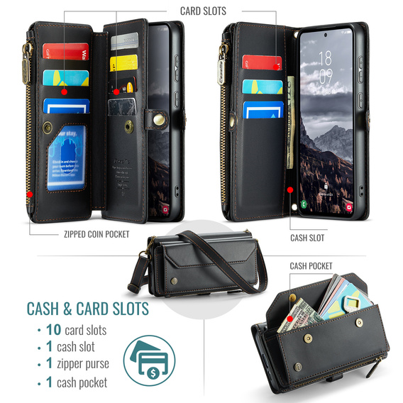 Pouzdro CASEME pro Samsung Galaxy S25 FE, RFID Leather Wallet, s popruhem přes rameno, černé