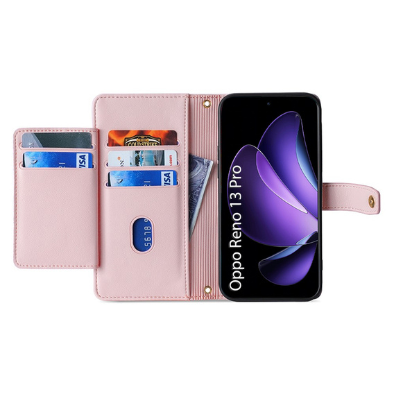 Klopové pouzdro pro Oppo Reno 13 Pro, Wallet Zipper Pocket, růžové