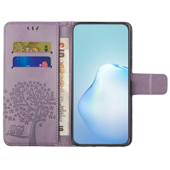 Klopové pouzdro pro Motorola Moto E22 / E22i, Wallet, tree i sowy, fialové