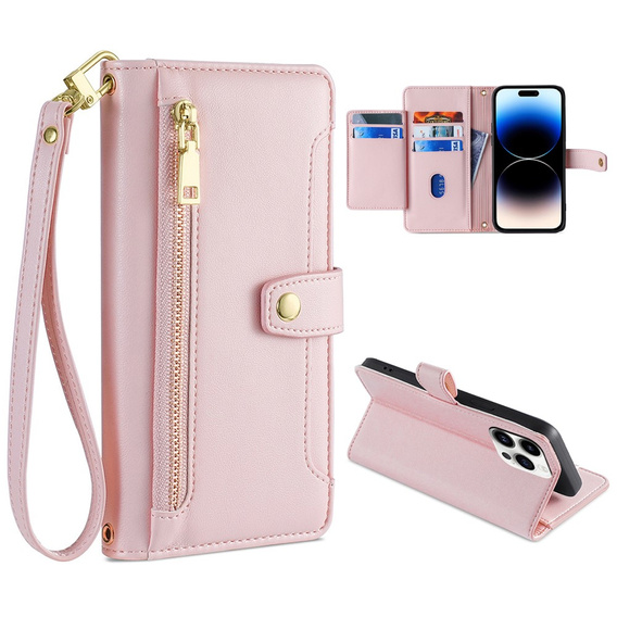 Klopové pouzdro pro iPhone 14 Pro Max, Wallet Zipper Pocket, růžové