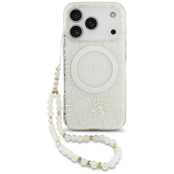 Pouzdro Guess IML Flowers Electroplated Allover With Beads Strap, pro MagSafe, s páskem pro iPhone 17 Pro