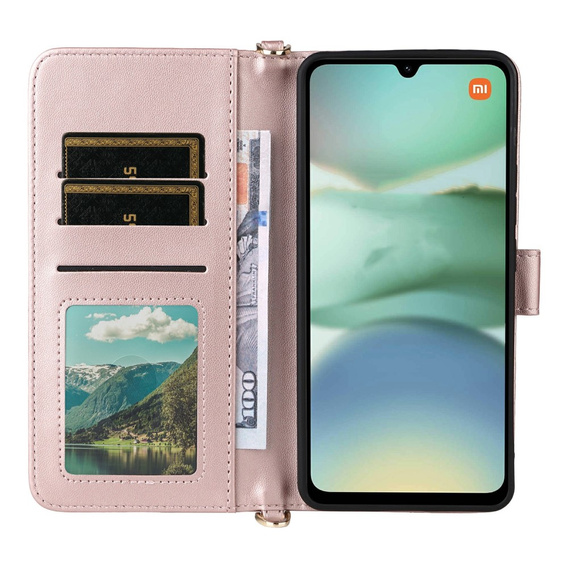 Flipové pouzdro pro Xiaomi Redmi A5, Crossbody Leather Wallet, růžové