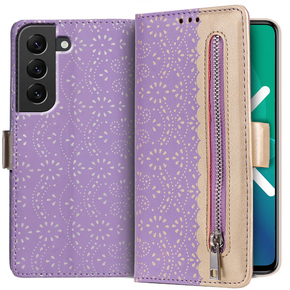 Flipové pouzdro pro Samsung Galaxy S22+ Plus 5G, Wallet Pocket Zipper Lace, fialové