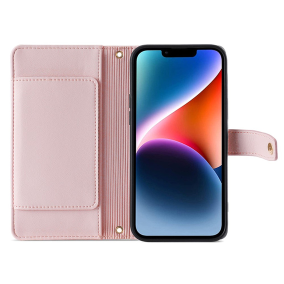 Klopové pouzdro pro iPhone 15, Wallet Zipper Pocket, růžové