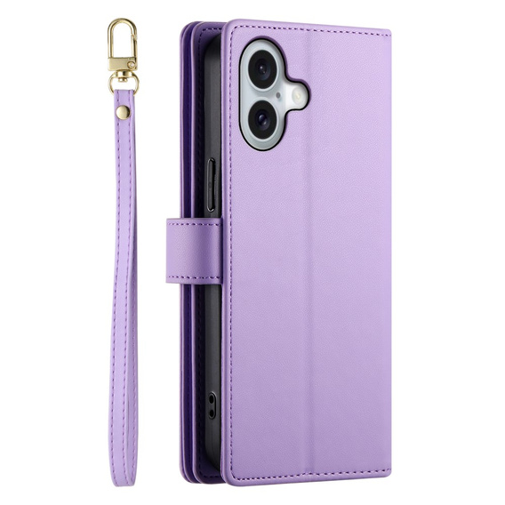 Klopové pouzdro pro iPhone 16 Plus, Wallet Zipper Pocket, fialové