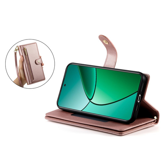 Klopové pouzdro pro Realme 14 Pro 5G, Wallet Zipper Pocket, růžové