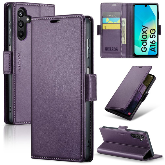 Pouzdro pro Samsung Galaxy A16, ERBORD Glossy Litchi, flipová peněženka, fialové