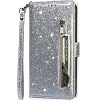 Klopové pouzdro pro Samsung Galaxy A55, Wallet Zipper Pocket Glittery, stříbrné