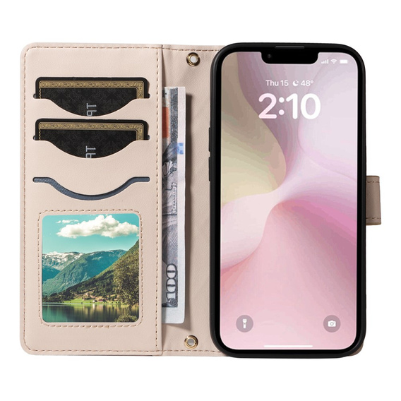 Pouzdro s klopou pro iPhone 16E, Rhombus Crossbody Leather, béžové