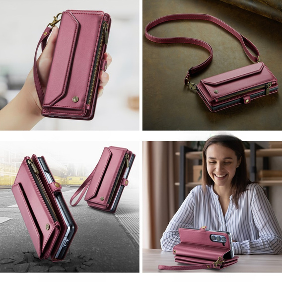Pouzdro CASEME pro Samsung Galaxy Z Fold6 5G, RFID Leather Wallet, s popruhem přes rameno, červené