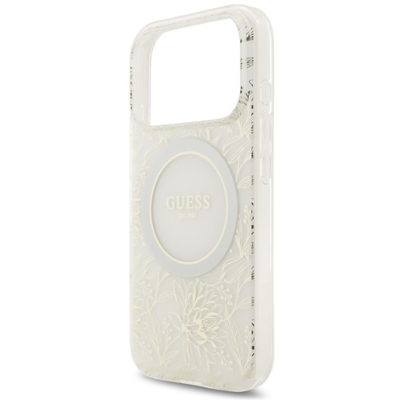 Pouzdro Guess IML Flowers Electroplated Allover With Beads Strap, pro MagSafe, s páskem pro iPhone 17 Pro
