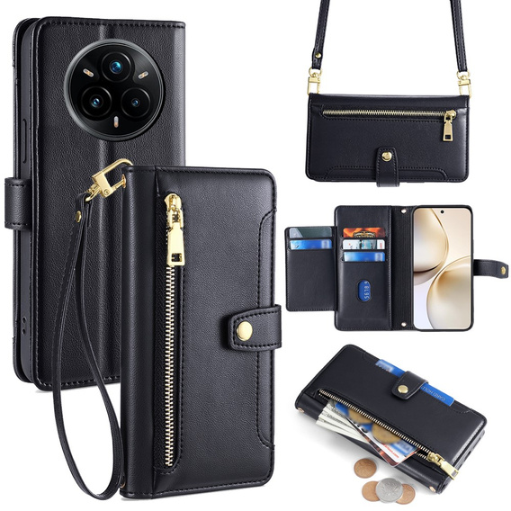 Klopové pouzdro pro Realme 14 Pro+ 5G, Wallet Zipper Pocket, černé