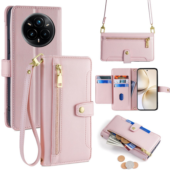 Klopové pouzdro pro Realme 14 Pro+ 5G, Wallet Zipper Pocket, růžové