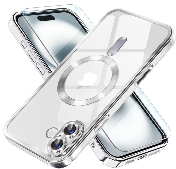 Pouzdro pro iPhone 16 Plus, Electro MagSafe, stříbrné + sklo na displej