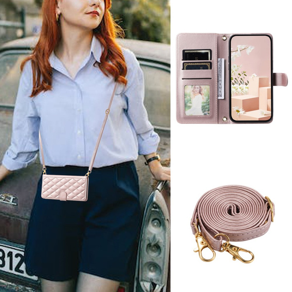 Pouzdro s klopou pro iPhone 16 Pro Max, Rhombus Crossbody Leather, růžové rose gold