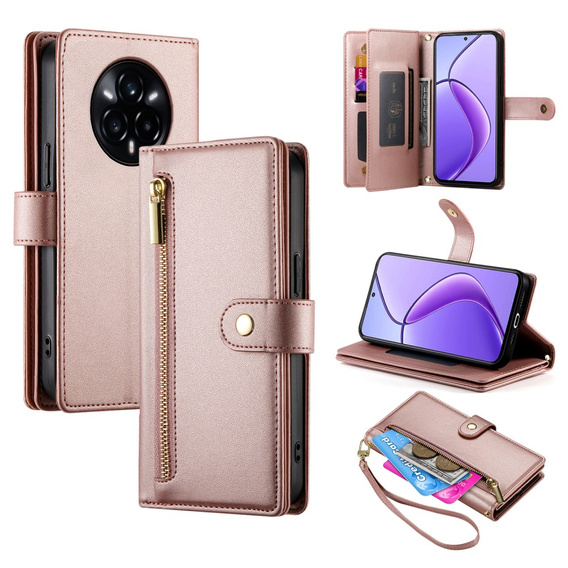 Klopové pouzdro pro Realme 14 Pro+ 5G, Wallet Zipper Pocket, růžové